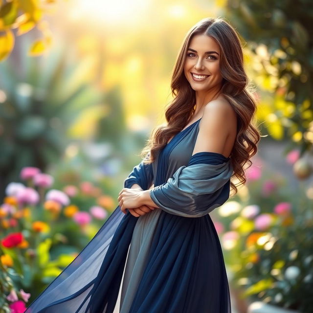 A beautiful model posing confidently in an elegant full-body shot, showcasing an exquisite outfit made of flowing fabric in shades of deep blue and silver