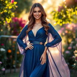 A beautiful model posing confidently in an elegant full-body shot, showcasing an exquisite outfit made of flowing fabric in shades of deep blue and silver