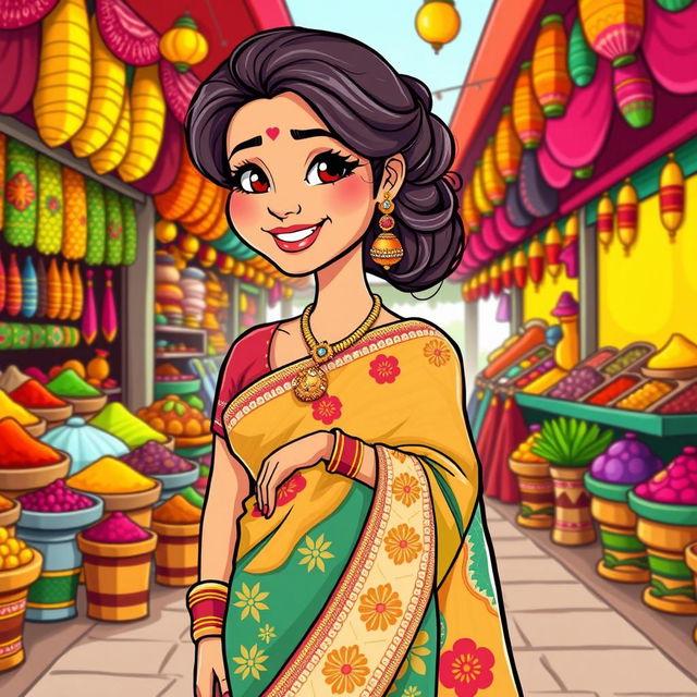 A vibrant and colorful cartoon illustration of a woman wearing a traditional saree