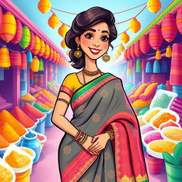 A vibrant and colorful cartoon illustration of a woman wearing a traditional saree