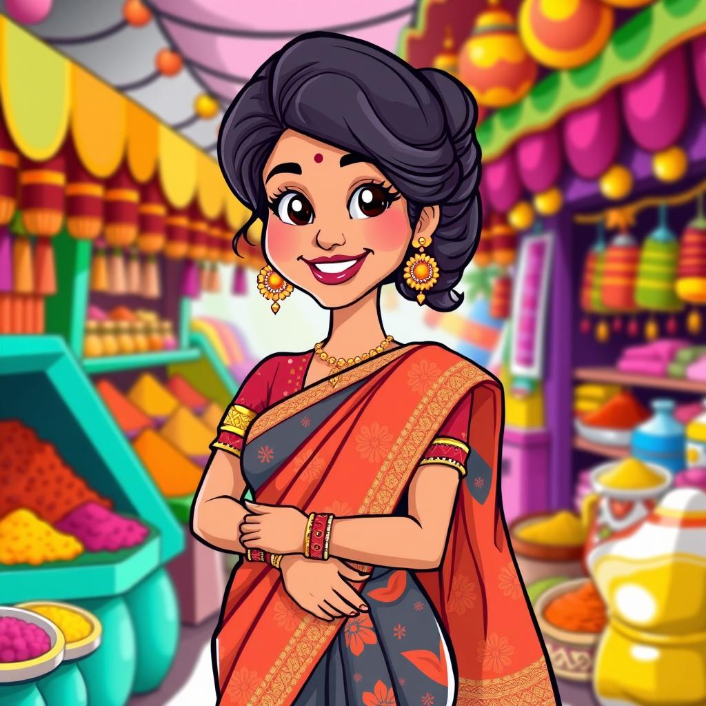 A vibrant and colorful cartoon illustration of a woman wearing a traditional saree