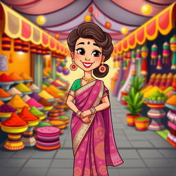 A vibrant and colorful cartoon illustration of a woman wearing a traditional saree