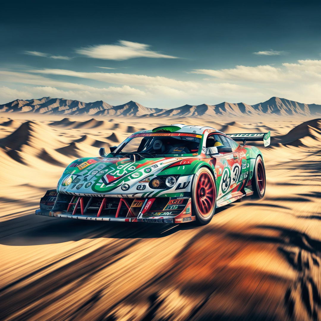 The digital art image features a race car from Algeria, decorated with traditional Algerian motifs and the country's flag colors