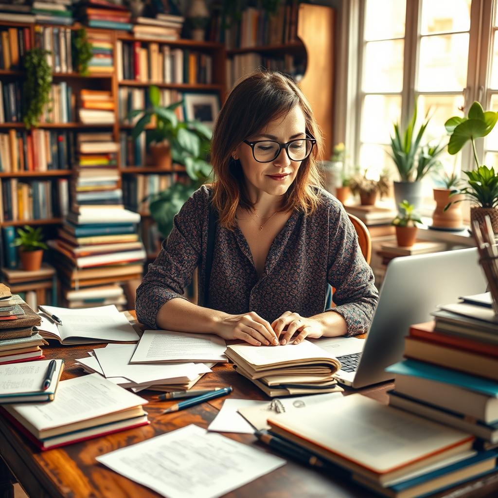 A dynamic scene featuring a creative writer at work, seated at a vintage wooden desk cluttered with papers, notebooks, and a laptop