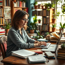 A dynamic scene featuring a creative writer at work, seated at a vintage wooden desk cluttered with papers, notebooks, and a laptop