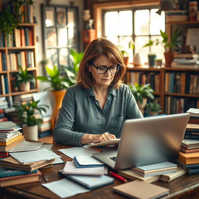 A dynamic scene featuring a creative writer at work, seated at a vintage wooden desk cluttered with papers, notebooks, and a laptop