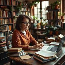 A dynamic scene featuring a creative writer at work, seated at a vintage wooden desk cluttered with papers, notebooks, and a laptop