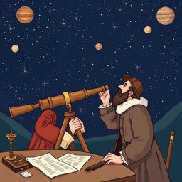 Illustration of Galileo Galilei using his improved telescope for astronomical observations, capturing his excitement as he discovers celestial bodies