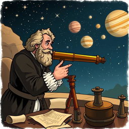 Illustration of Galileo Galilei using his improved telescope for astronomical observations, capturing his excitement as he discovers celestial bodies