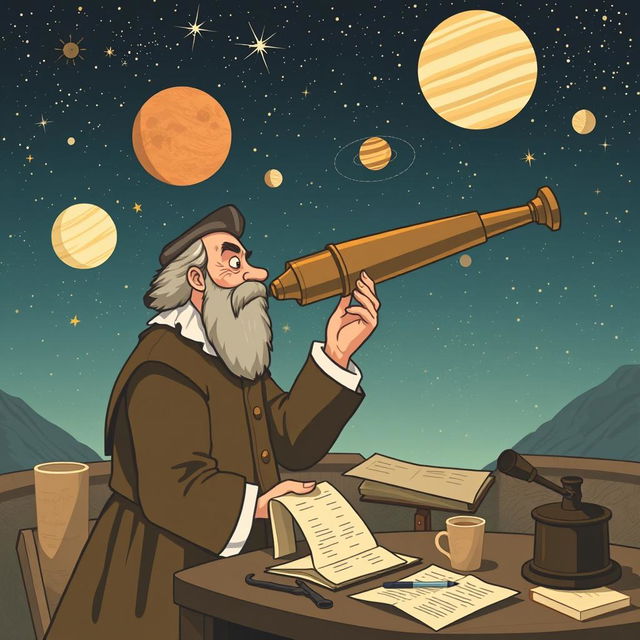 Illustration of Galileo Galilei using his improved telescope for astronomical observations, capturing his excitement as he discovers celestial bodies