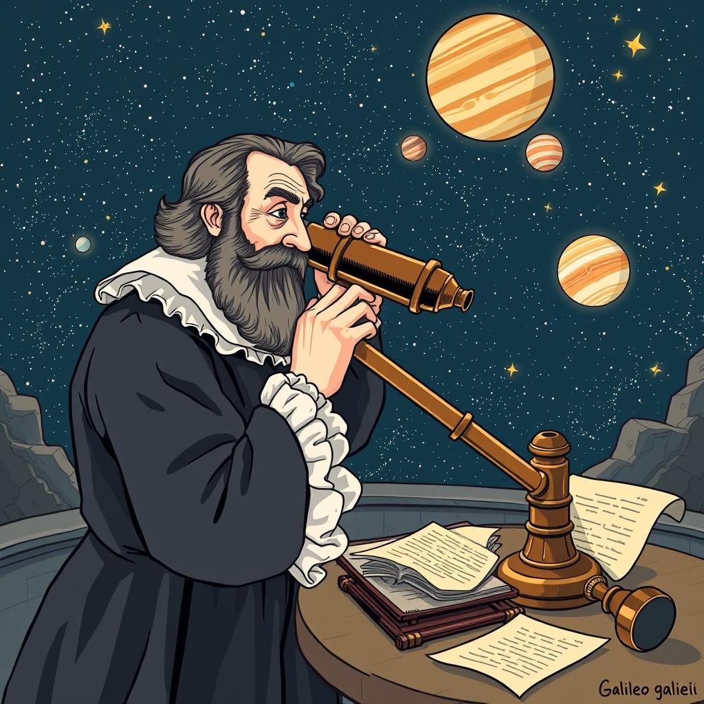 Illustration of Galileo Galilei using his improved telescope for astronomical observations, capturing his excitement as he discovers celestial bodies