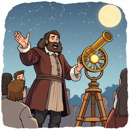Illustration of Johannes Kepler standing next to his innovative telescope design, which produces inverted images while observing celestial objects