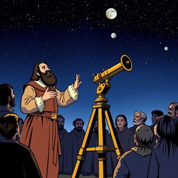 Illustration of Johannes Kepler standing next to his innovative telescope design, which produces inverted images while observing celestial objects