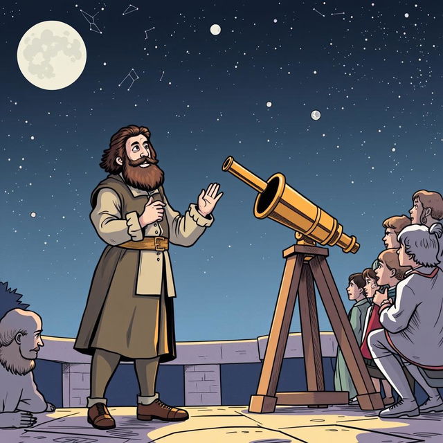 Illustration of Johannes Kepler standing next to his innovative telescope design, which produces inverted images while observing celestial objects