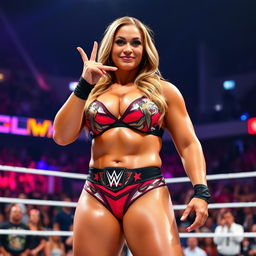 Tiffany Stratton from WWE, a strong and muscular woman, stands confidently in the center of the wrestling ring