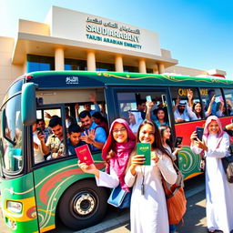 A vivid scene of a bus outside the Saudi Arabian embassy, loaded with people holding visas and passports, looking excited