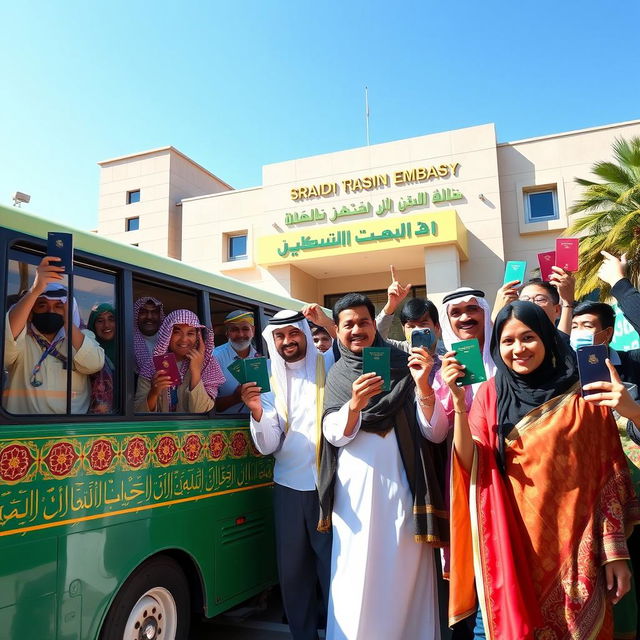 A vivid scene of a bus outside the Saudi Arabian embassy, loaded with people holding visas and passports, looking excited