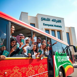 A vivid scene of a bus outside the Saudi Arabian embassy, loaded with people holding visas and passports, looking excited