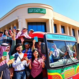 A vivid scene of a bus outside the Saudi Arabian embassy, loaded with people holding visas and passports, looking excited