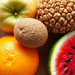 A close-up view of a variety of fruit textures, including the smooth skin of an apple, the bumpy surface of a kiwi, the rough skin of an orange, and the vibrant red flesh of a watermelon