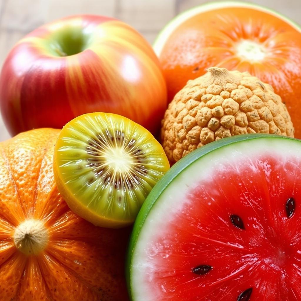 A close-up view of a variety of fruit textures, including the smooth skin of an apple, the bumpy surface of a kiwi, the rough skin of an orange, and the vibrant red flesh of a watermelon