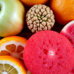 A close-up view of a variety of fruit textures, including the smooth skin of an apple, the bumpy surface of a kiwi, the rough skin of an orange, and the vibrant red flesh of a watermelon