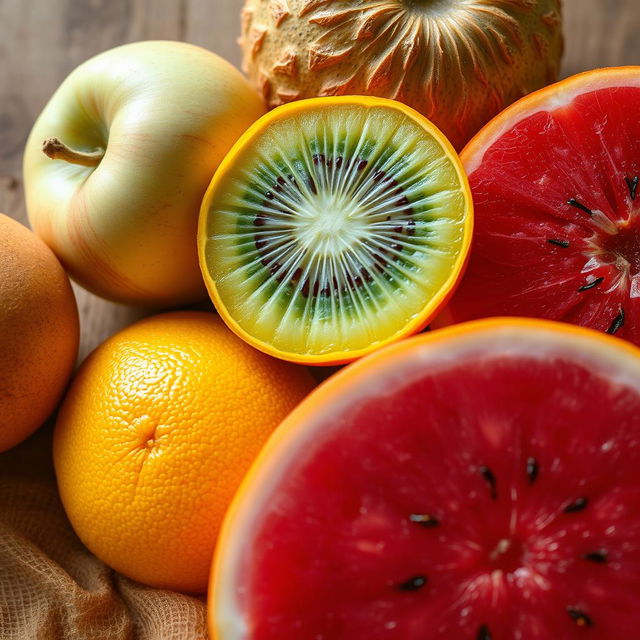 A close-up view of a variety of fruit textures, including the smooth skin of an apple, the bumpy surface of a kiwi, the rough skin of an orange, and the vibrant red flesh of a watermelon