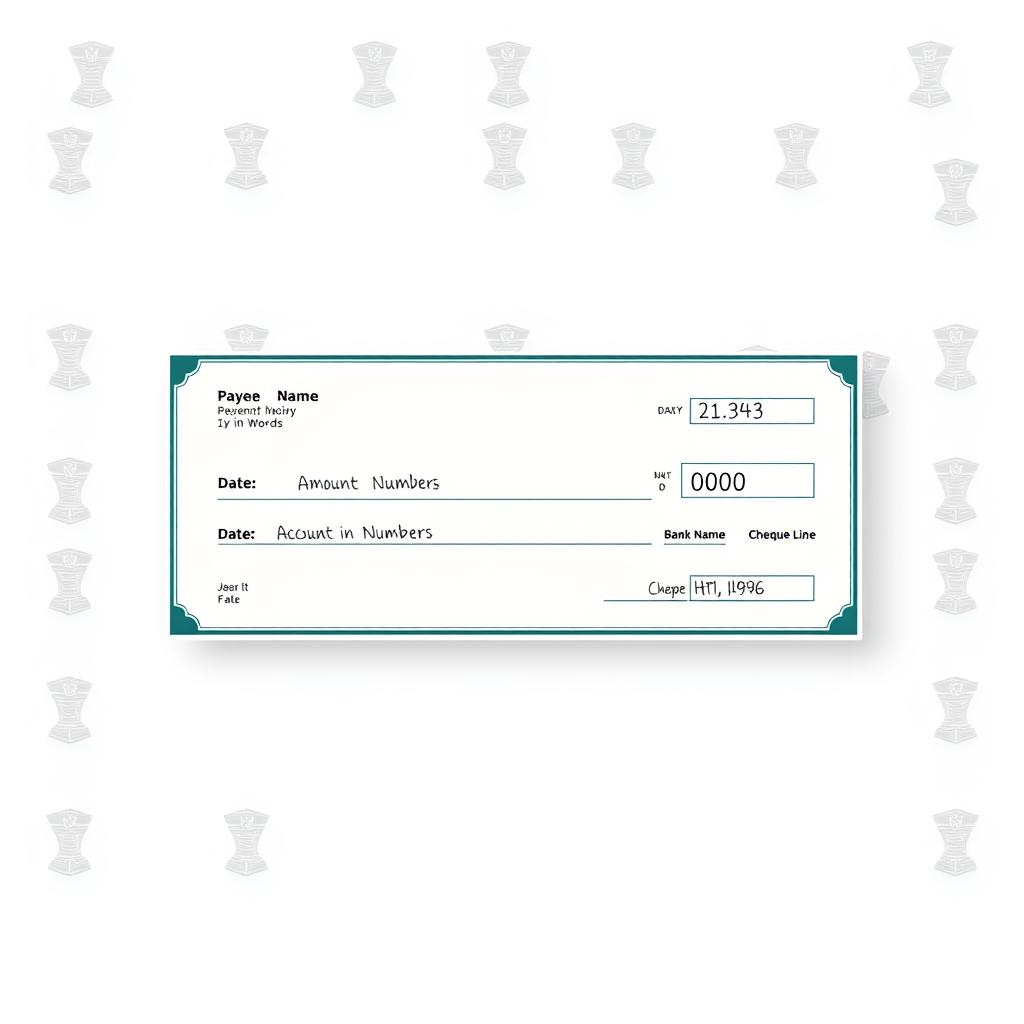 A professional-looking cheque template featuring sections for Payee Name, Date, Amount in Words, Amount in Numbers, Bank Name, Account Number, Cheque Number, and Signature Line