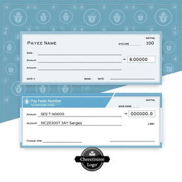 A professional-looking cheque template featuring sections for Payee Name, Date, Amount in Words, Amount in Numbers, Bank Name, Account Number, Cheque Number, and Signature Line