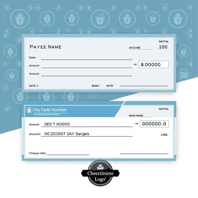 A professional-looking cheque template featuring sections for Payee Name, Date, Amount in Words, Amount in Numbers, Bank Name, Account Number, Cheque Number, and Signature Line