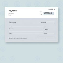 A professional-looking cheque template featuring sections for Payee Name, Date, Amount in Words, Amount in Numbers, Bank Name, Account Number, Cheque Number, and Signature Line