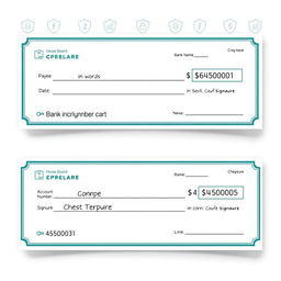 A professional-looking cheque template featuring sections for Payee Name, Date, Amount in Words, Amount in Numbers, Bank Name, Account Number, Cheque Number, and Signature Line