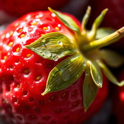 A highly detailed and close-up image showcasing the texture of a ripe strawberry, emphasizing its vibrant red color, tiny seeds, and green leafy cap