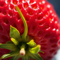 A highly detailed and close-up image showcasing the texture of a ripe strawberry, emphasizing its vibrant red color, tiny seeds, and green leafy cap