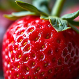 A highly detailed and close-up image showcasing the texture of a ripe strawberry, emphasizing its vibrant red color, tiny seeds, and green leafy cap