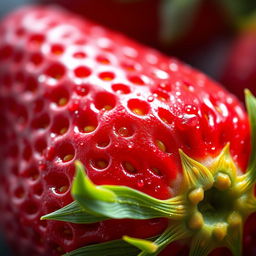 A highly detailed and close-up image showcasing the texture of a ripe strawberry, emphasizing its vibrant red color, tiny seeds, and green leafy cap