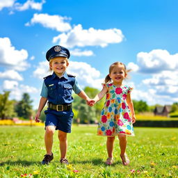 Two little sisters, one dressed as a police officer, holding hands and smiling