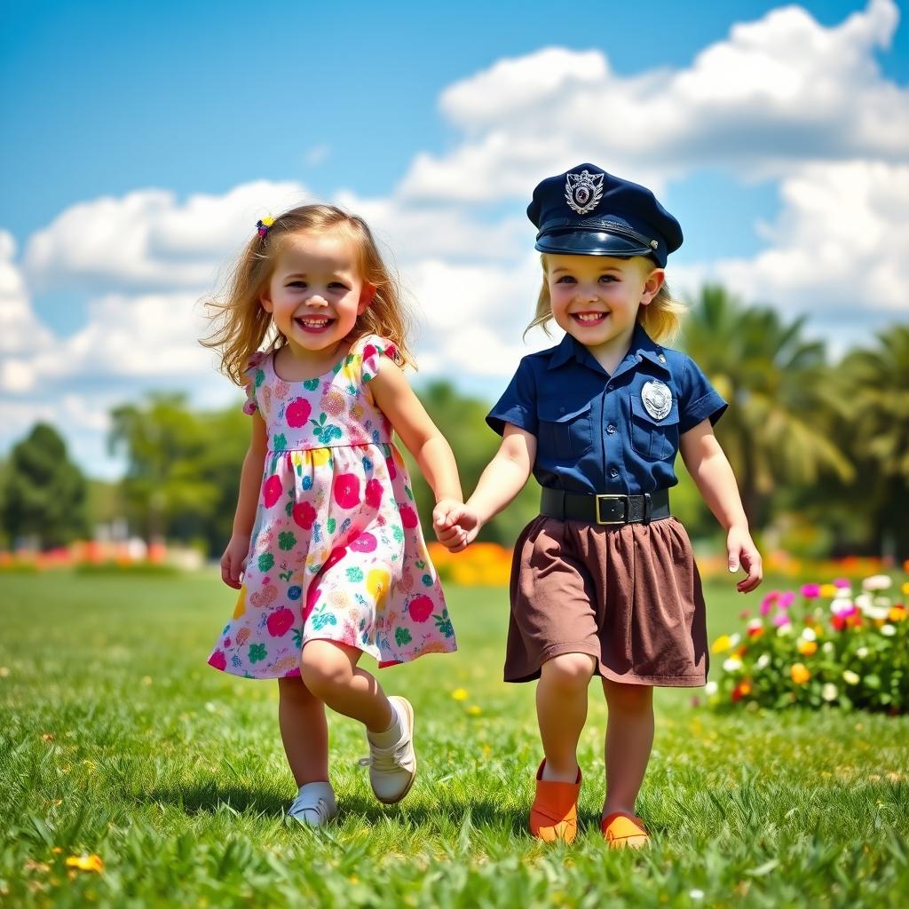 Two little sisters, one dressed as a police officer, holding hands and smiling