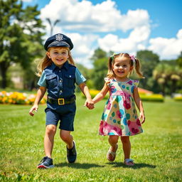 Two little sisters, one dressed as a police officer, holding hands and smiling