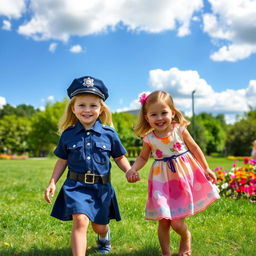Two little sisters, one dressed as a police officer, holding hands and smiling