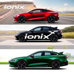 A collection of diverse car designs featuring the brand name 'Ionix' prominently showcased
