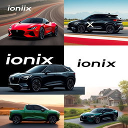 A collection of diverse car designs featuring the brand name 'Ionix' prominently showcased