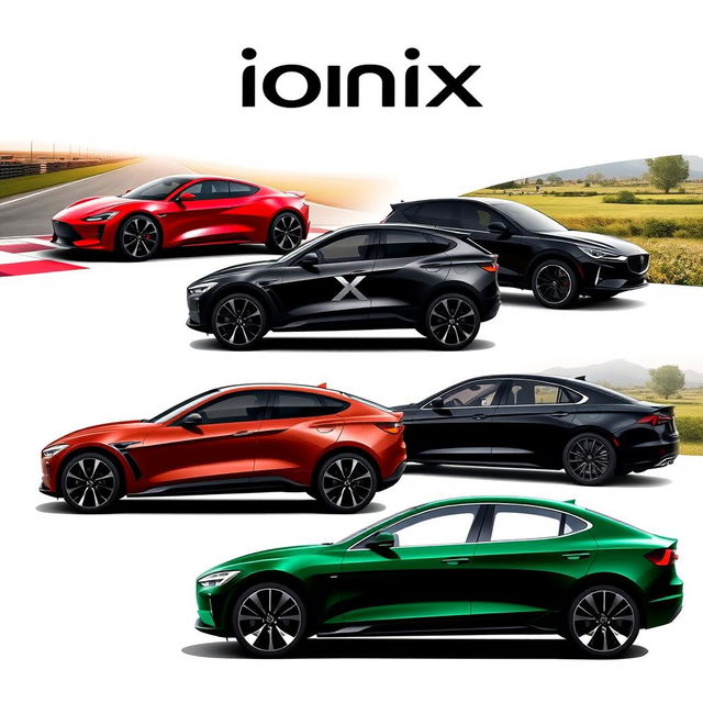 A collection of diverse car designs featuring the brand name 'Ionix' prominently showcased