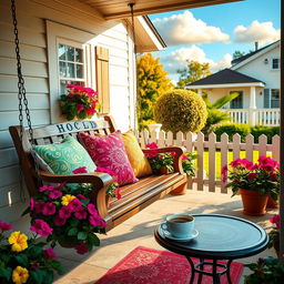 A cozy front porch scene featuring a charming wooden swing decorated with colorful throw pillows, vibrant flower pots overflowing with petunias, and a small round table with a steaming cup of coffee