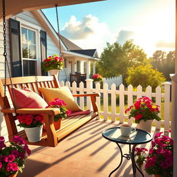A cozy front porch scene featuring a charming wooden swing decorated with colorful throw pillows, vibrant flower pots overflowing with petunias, and a small round table with a steaming cup of coffee
