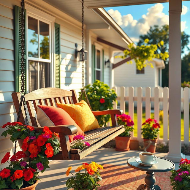 A cozy front porch scene featuring a charming wooden swing decorated with colorful throw pillows, vibrant flower pots overflowing with petunias, and a small round table with a steaming cup of coffee