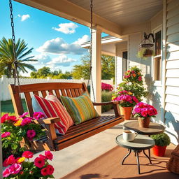 A cozy front porch scene featuring a charming wooden swing decorated with colorful throw pillows, vibrant flower pots overflowing with petunias, and a small round table with a steaming cup of coffee