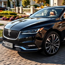A refined luxury sedan in a classic design, featuring a polished black exterior that gleams under the soft sunlight