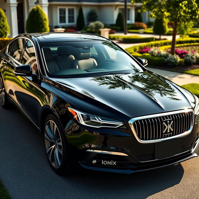 A refined luxury sedan in a classic design, featuring a polished black exterior that gleams under the soft sunlight