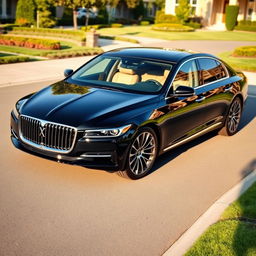 A refined luxury sedan in a classic design, featuring a polished black exterior that gleams under the soft sunlight